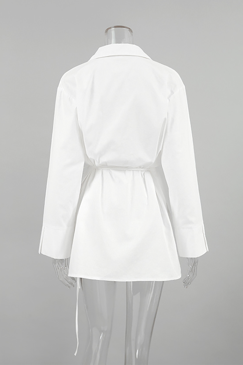 Turndown Collar Long Sleeve Tie Up Solid Color Side Slit Blouse-White-Hayhty.All Rights Reserved.