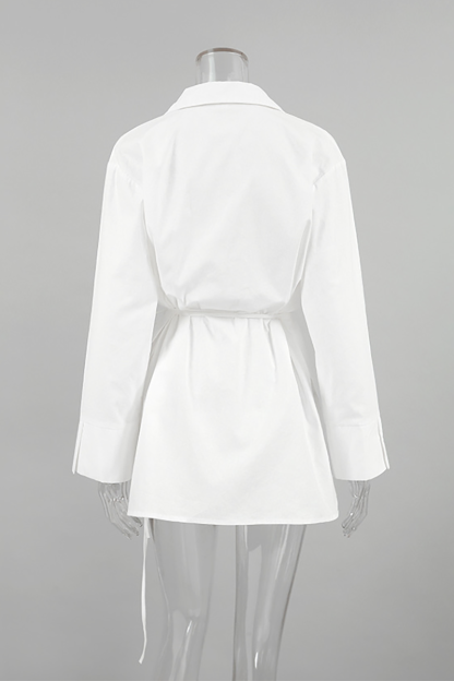 Turndown Collar Long Sleeve Tie Up Solid Color Side Slit Blouse-White-Hayhty.All Rights Reserved.