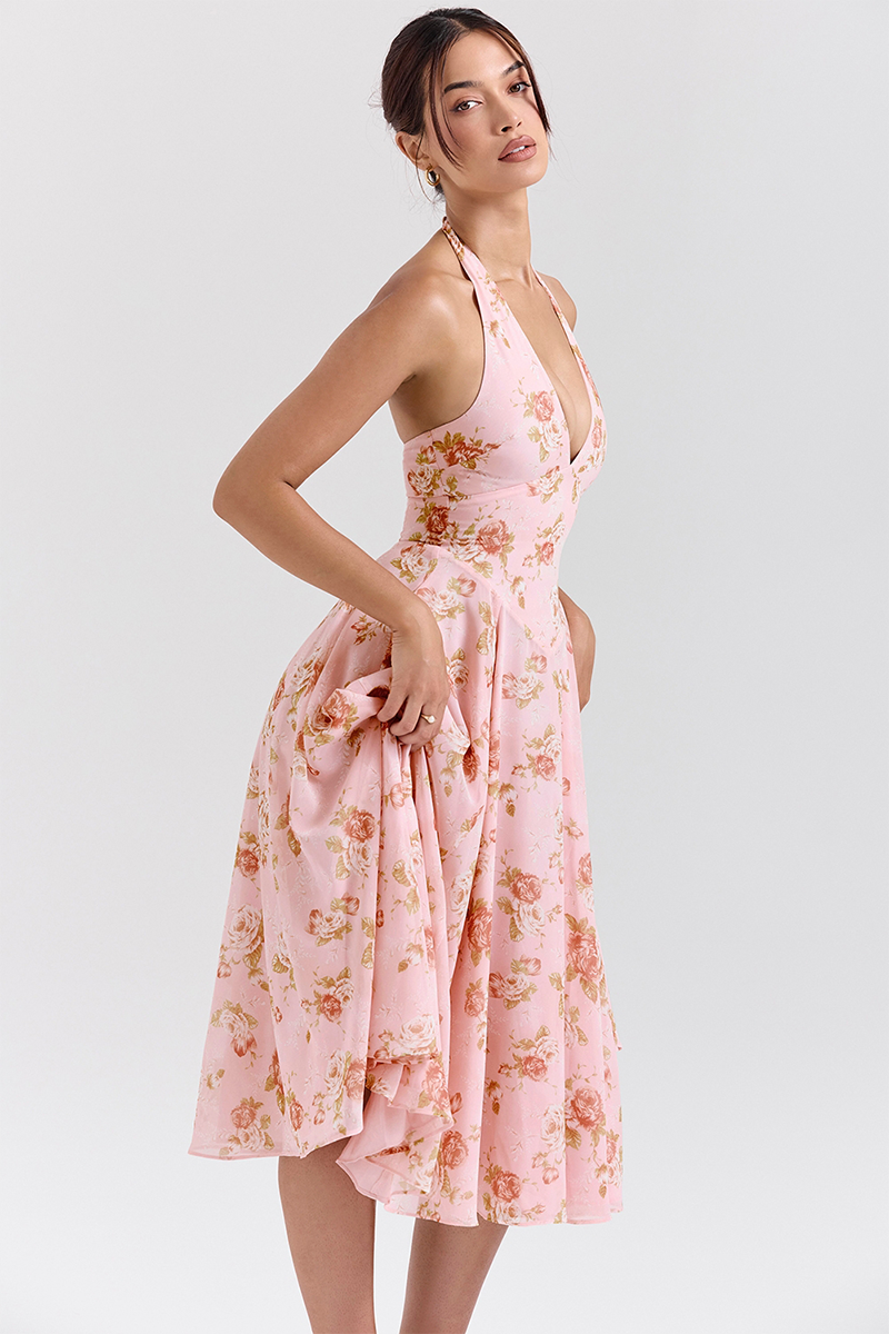 Deep V Neck Floral Print Cinch Waist Halter Midi Dresses-Pink-Hayhty.All Rights Reserved.