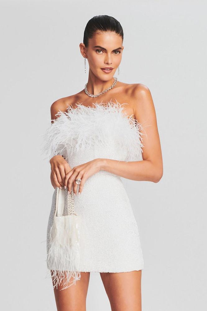 Sequin Strapless Feather Trim Bodycon Mini Party Dresses-Hayhty.All Rights Reserved.