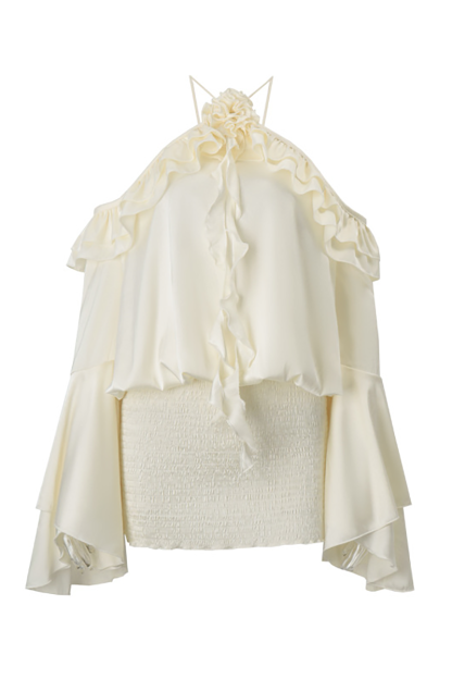 Off Shoulder Ruffled Flare Sleeve Backless Halter Mini Dresses-Ivory-Hayhty.All Rights Reserved.