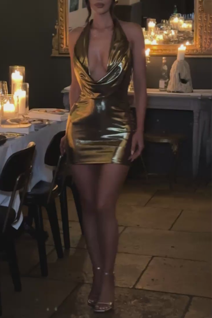 Draped Chest Overlay Metallic Finish Halter Mini Dresses-Gold-Hayhty.All Rights Reserved.