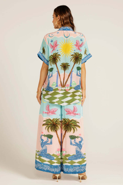 Vacation Mixed Print Short Sleeve Blouse Wide Leg Pants Matching Set-Blue-Hayhty.All Rights Reserved.