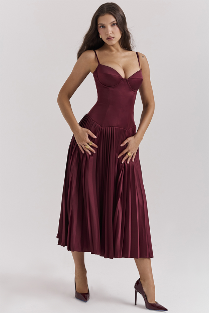 Irregular Neck Corset A-Line Pleated Hem Satin Slip Midi Dresses-Burgundy-Hayhty.All Rights Reserved.