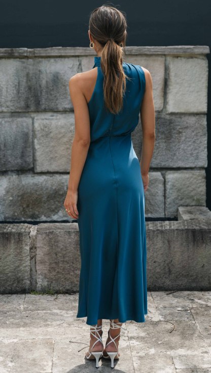 Turtleneck Sleeveless Satin Midi Dresses-Hayhty.All Rights Reserved.