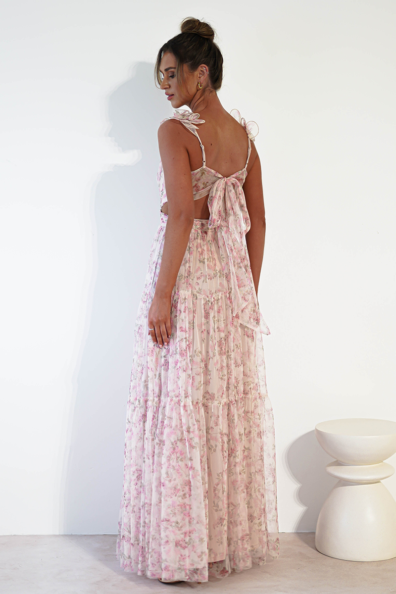 Ditsy Floral Print Frill Straps Backless Tulle Gowns Maxi Dresses-Pink-Hayhty.All Rights Reserved.
