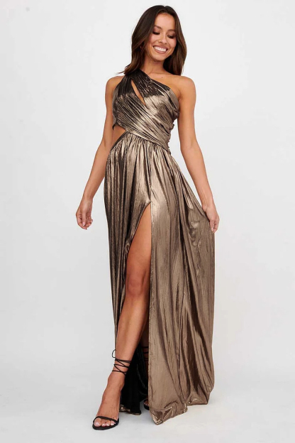 Sheen Metallic Finish One Shoulder Cut Out High Slit Formal Party Maxi Dresses-Hayhty.All Rights Reserved.