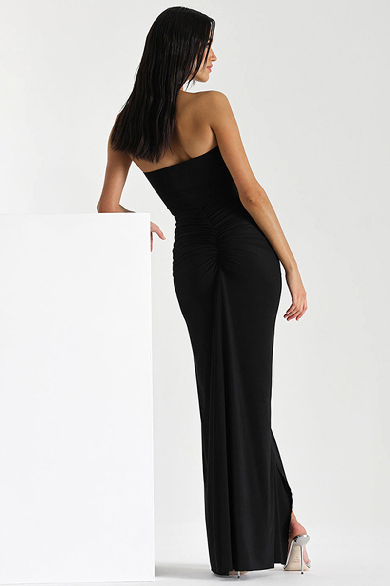Ruched Ruffle Halter Slit Bodycon Evening Maxi Dresses-Hayhty.All Rights Reserved.