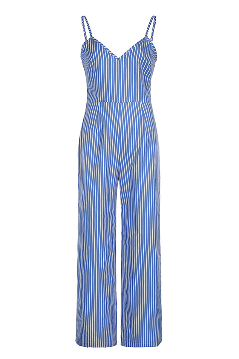 V Neck Striped Print V-Shaped Backless Wide Leg Cami Jumpsuit-Blue-Hayhty.All Rights Reserved.