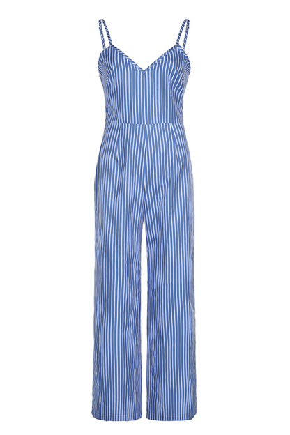 V Neck Striped Print V-Shaped Backless Wide Leg Cami Jumpsuit-Blue-Hayhty.All Rights Reserved.