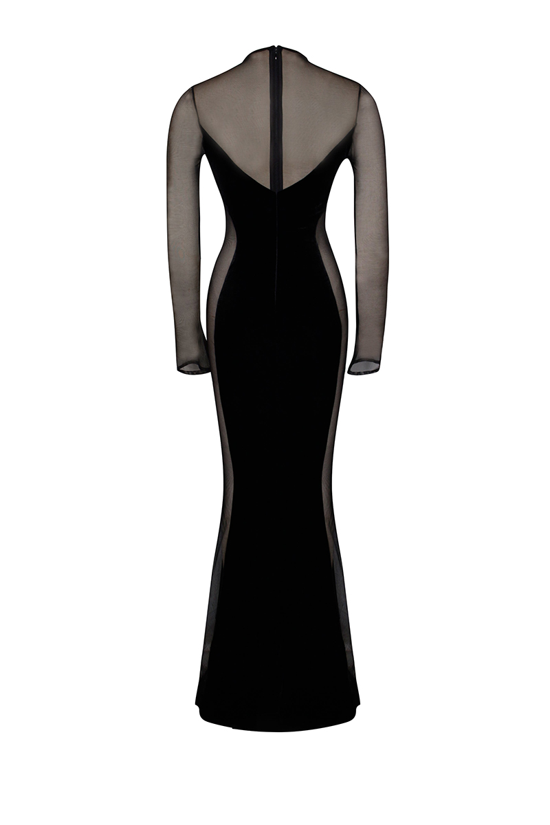 Velvet Mesh Patchwork Long Sleeve Gown Maxi Dresses-Hayhty.All Rights Reserved.