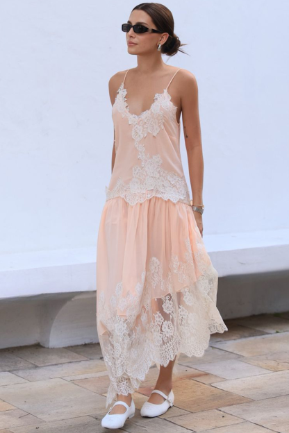 Deep Plunge Neckline Lace Patchwork Slip Maxi Dresses-Orange-Hayhty.All Rights Reserved.
