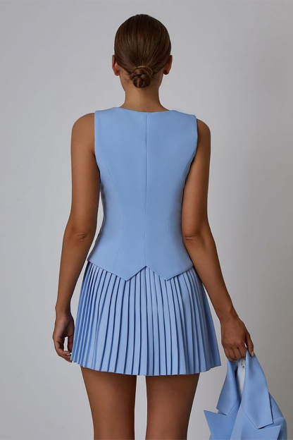 Deep V Neck Cinch Waist Waistcoat Pleated Mini Skirt Matching Set-Blue-Hayhty.All Rights Reserved.