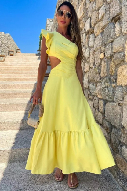 One Shoulder Ruffle Sleeveless Cutout Solid Color Maxi Dresses-Yellow-Hayhty.All Rights Reserved.