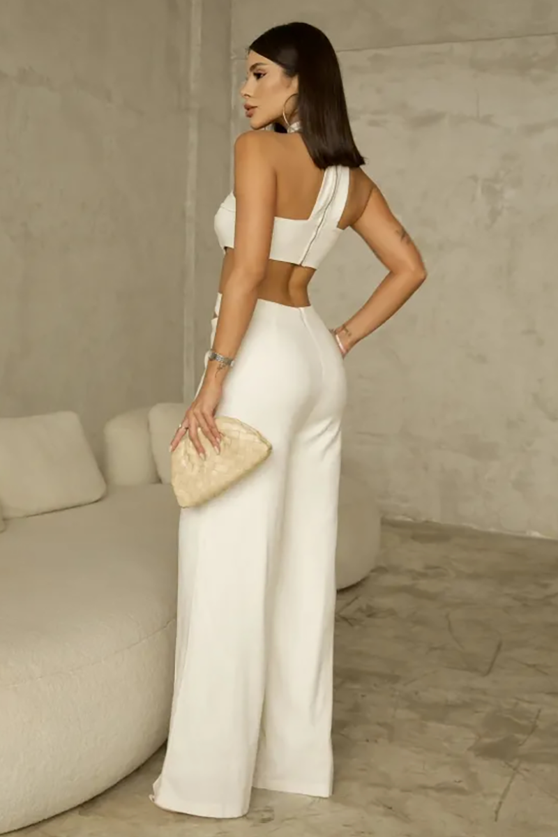 Sleeveless Halter Neck Cutout Wide Leg Irregular Jumpsuit-Ivory-Hayhty.All Rights Reserved.