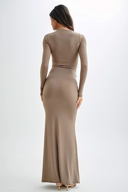 Round Neck Long Sleeve Ruched Bodycon Fishtail Maxi Dresses-Black-Hayhty.All Rights Reserved.