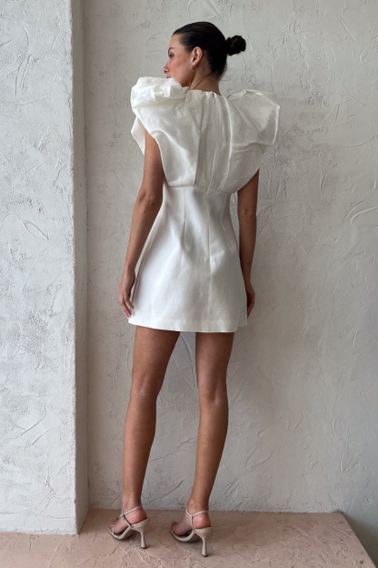 Deep V Neck Ruffle Short Sleeve Slim Satin Birthday Party White Mini Dresses-Hayhty.All Rights Reserved.