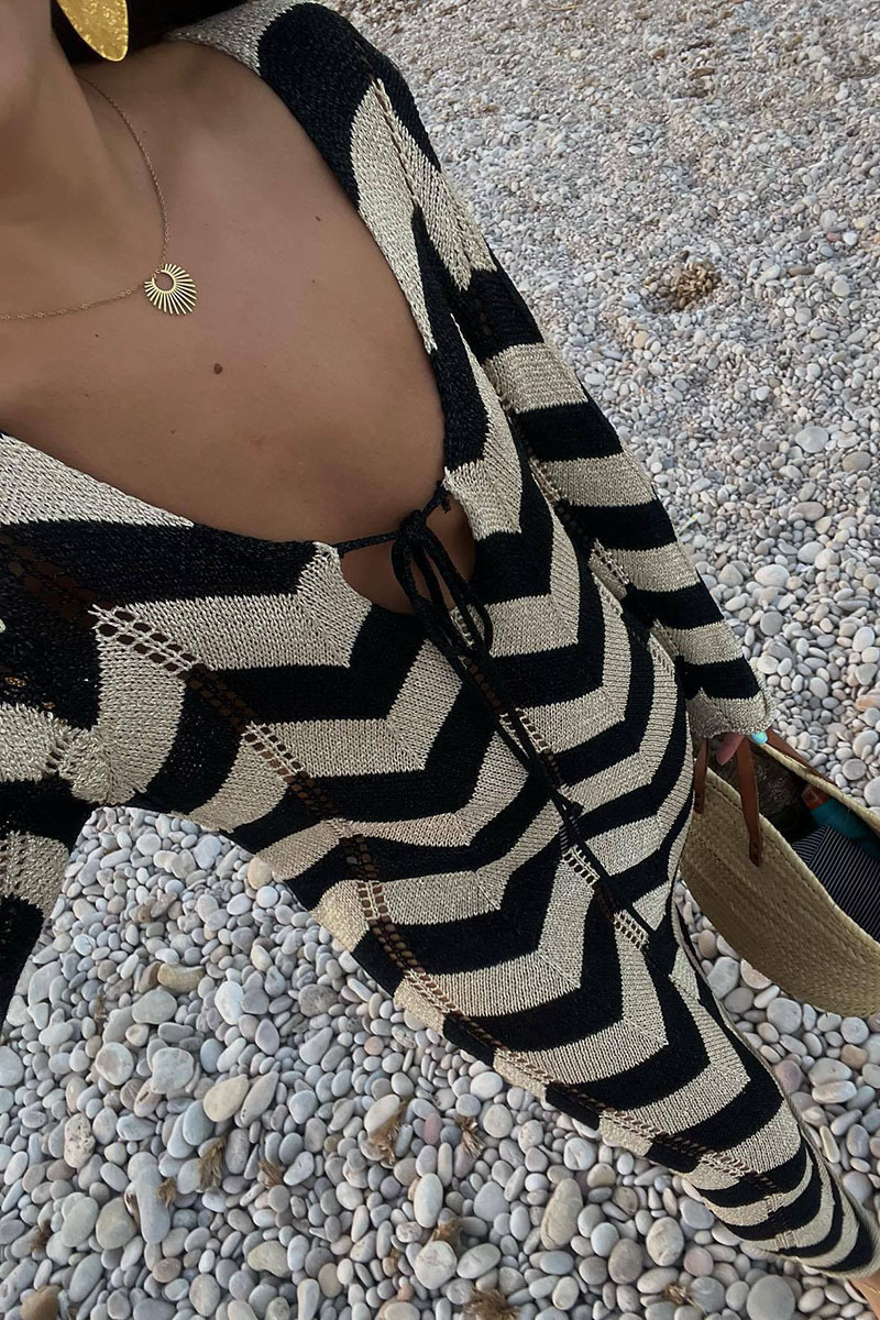 Colorblock Wavy Crochet Long Sleeve Vacation Cover-Up Maxi Dresses-Black-Hayhty.All Rights Reserved.