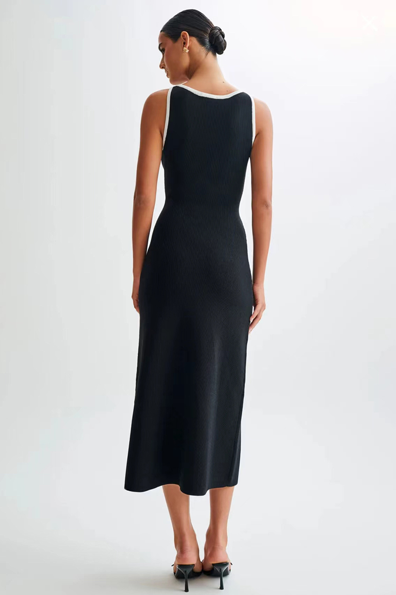 Colorblock Trim Round Neck Slim Fit Button Up Knit Midi Tank Dresses-Black-Hayhty.All Rights Reserved.
