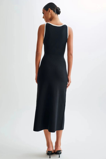 Colorblock Trim Round Neck Slim Fit Button Up Knit Midi Tank Dresses-Black-Hayhty.All Rights Reserved.