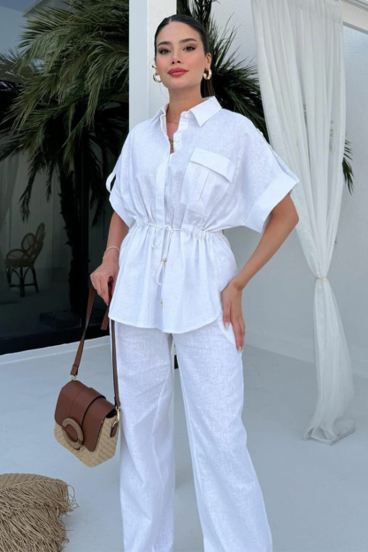 Half Sleeve Drawstring Tie Up Blouse Straight Leg Pants Matching Set-White-Hayhty.All Rights Reserved.