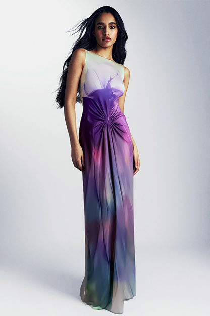 Gradient Color Twisted Ruched Round Neck Open Back Maxi Tank Dresses-Purple-Hayhty.All Rights Reserved.