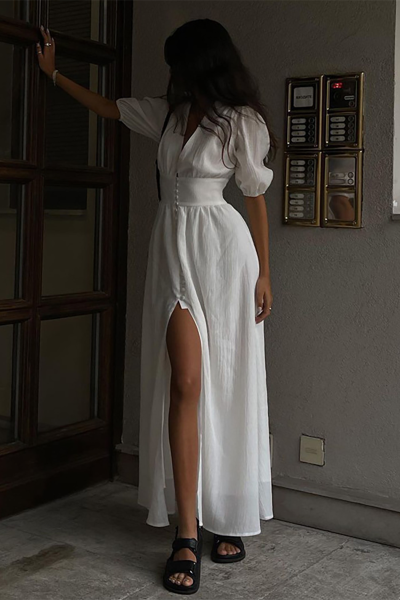 V Neck Puff Sleeve Cinch Waist Slit Hem Maxi Dresses-White-Hayhty.All Rights Reserved.