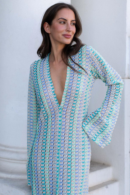 Crochet Abstract Striped Pattern Deep V Neck Flare Sleeve Slit Maxi Dresses-Green-Hayhty.All Rights Reserved.