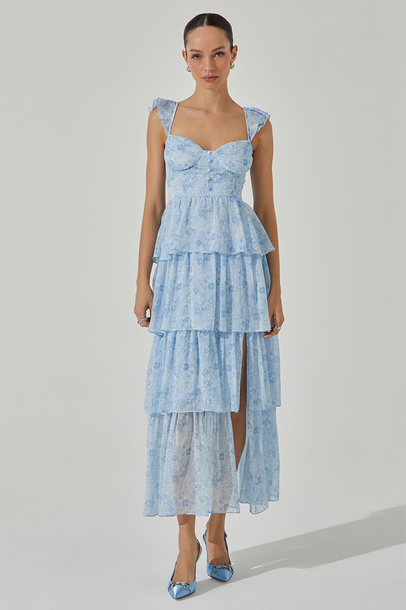 Ruffled Straps Tiered Flounced Slit Maxi Dresses-Blue-Hayhty.All Rights Reserved.