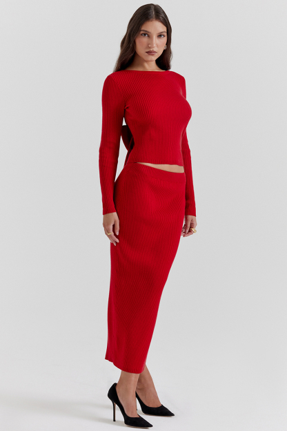 Pit Knit Long Sleeve Ribbon Back Crop Top Solid Midi Skirt Matching Set-Red-Hayhty.All Rights Reserved.