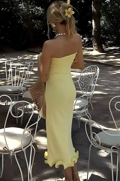 Solid Color Slim Fit Ruffled Hemline Midi Tube Dresses-Yellow-Hayhty.All Rights Reserved.