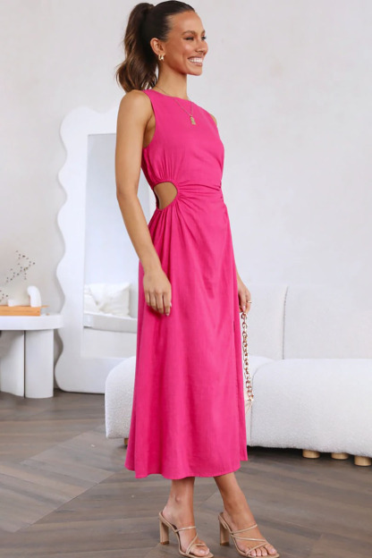 Boat Neck Cut Out A Line Sleeveless Midi Dress-Hayhty.All Rights Reserved.