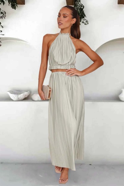 Tied Up Halter Neck Backless Crop Top Slit Maxi Skirt Pleated Slim Matching Sets-Hayhty.All Rights Reserved.