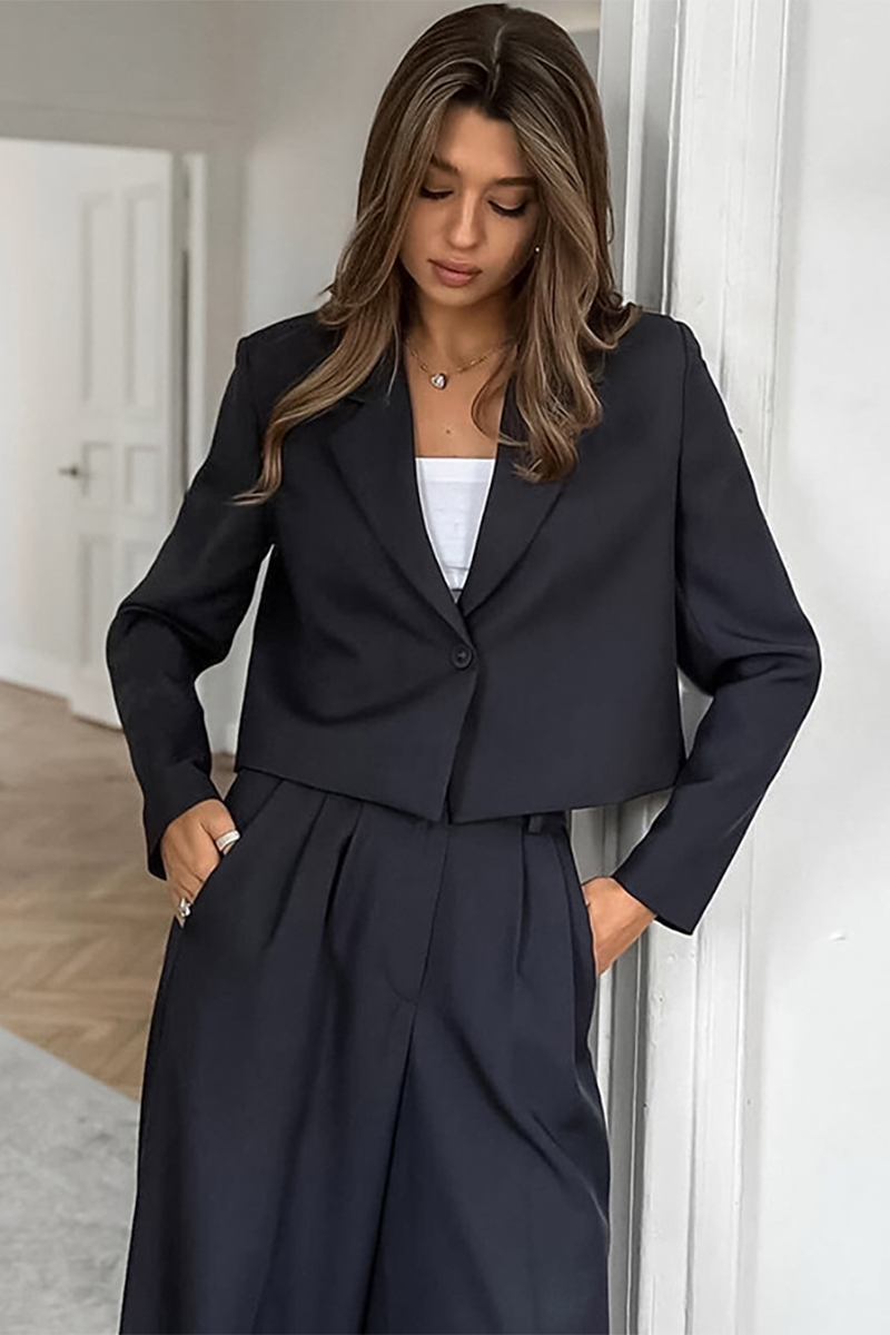 Notch Lapel Crop Blazer Wide Leg Pants Matching Set-DarkGray-Hayhty.All Rights Reserved.
