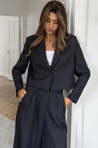 Notch Lapel Crop Blazer Wide Leg Pants Matching Set-DarkGray-Hayhty.All Rights Reserved.