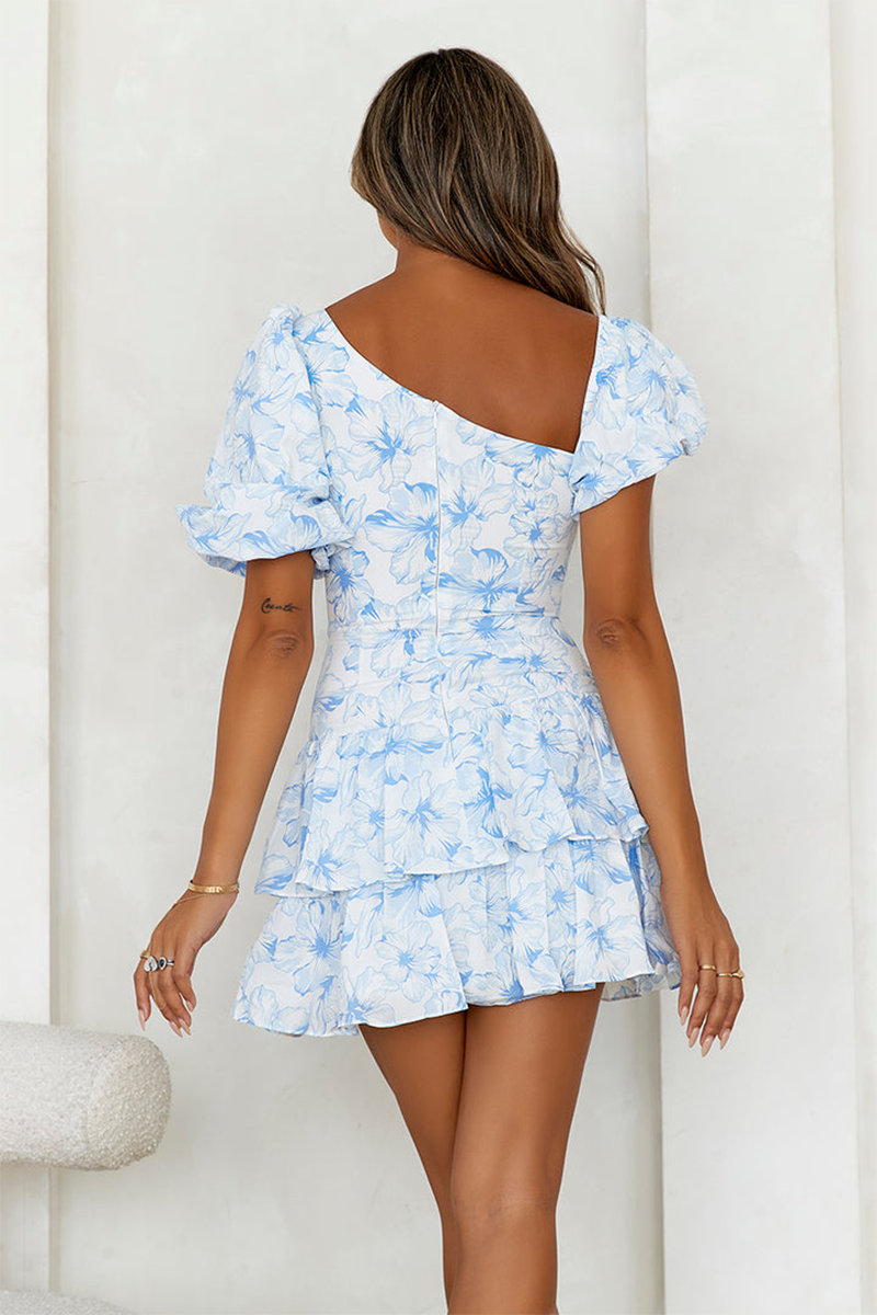 Asymmetric Neckline Puff Sleeve Floral Print Mini Dresses-Blue-Hayhty.All Rights Reserved.