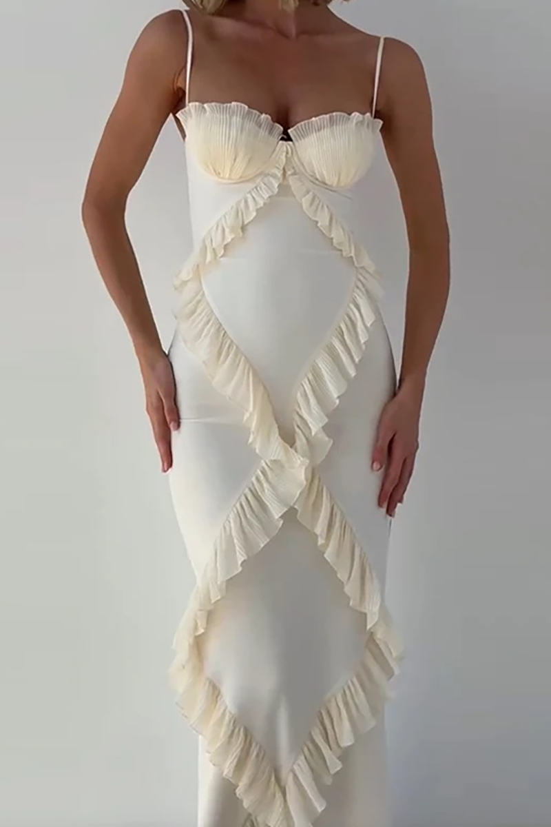 Ruffled Patchwork Spaghetti Strap Bodycon Maxi Dresses-Beige-Hayhty.All Rights Reserved.