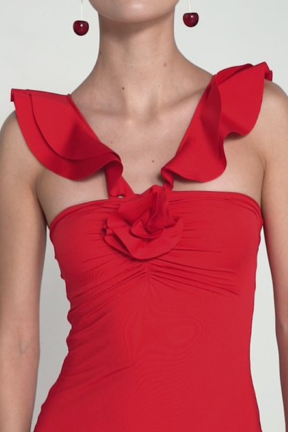 Ruffled Sleeveless 3D Flower Decor Slim Fit Maxi Dresses-Red-Hayhty.All Rights Reserved.