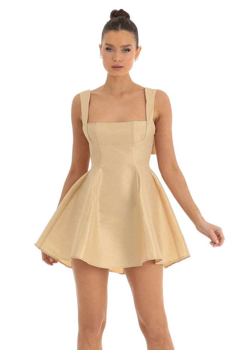 Square Neck Straps White Bow Knotted Cutout Backless A-line Satin Mini Dresses-Hayhty.All Rights Reserved.