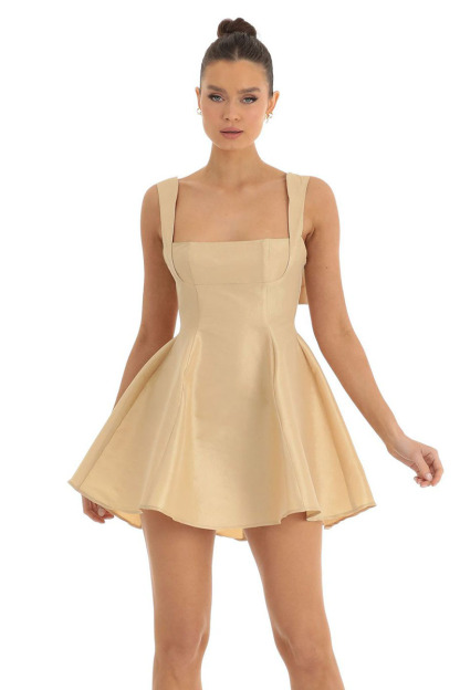 Square Neck Straps White Bow Knotted Cutout Backless A-line Satin Mini Dresses-Hayhty.All Rights Reserved.