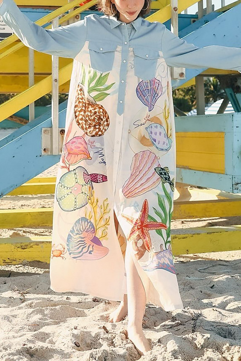 Long Sleeve Pocket Marine Organism Print Loose Fit Maxi Shirt Dresses-Blue-Hayhty.All Rights Reserved.