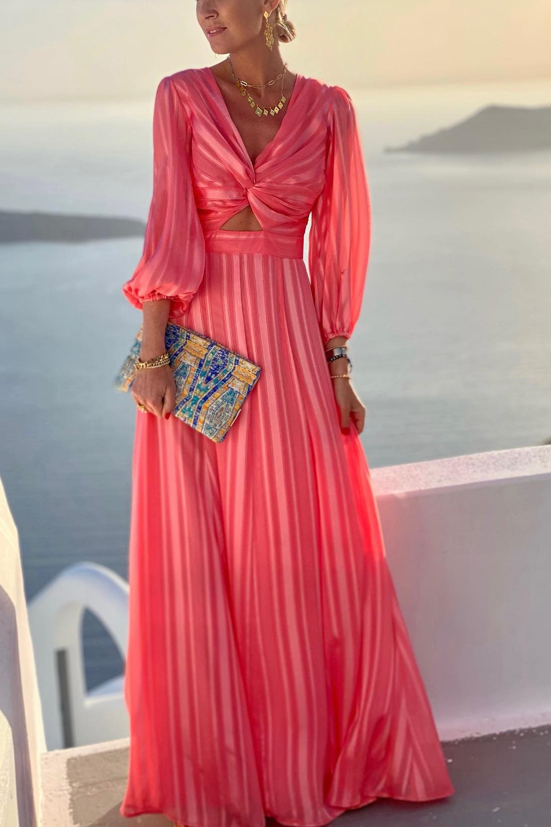 Long Sleeve V Neck Vacation Maxi Dresses-Red-Hayhty.All Rights Reserved.