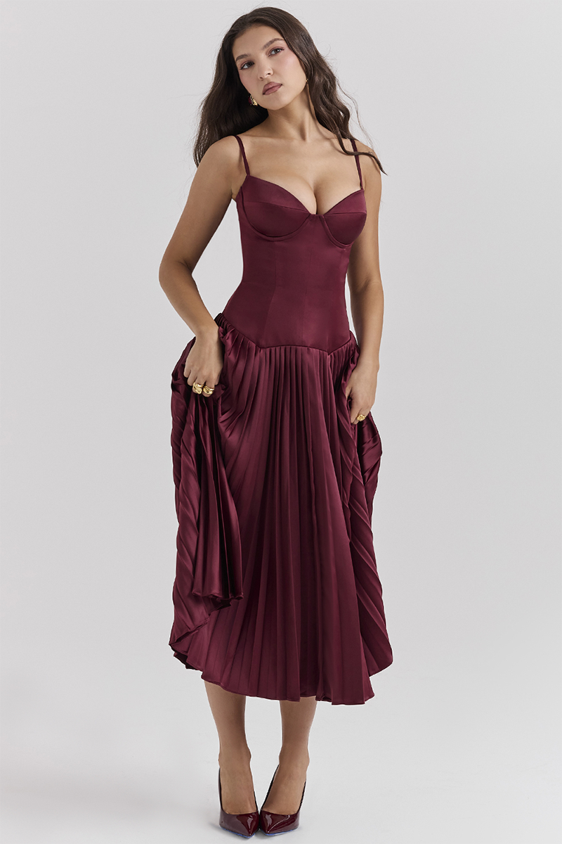 Irregular Neck Corset A-Line Pleated Hem Satin Slip Midi Dresses-Burgundy-Hayhty.All Rights Reserved.