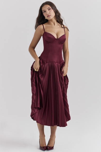 Irregular Neck Corset A-Line Pleated Hem Satin Slip Midi Dresses-Burgundy-Hayhty.All Rights Reserved.