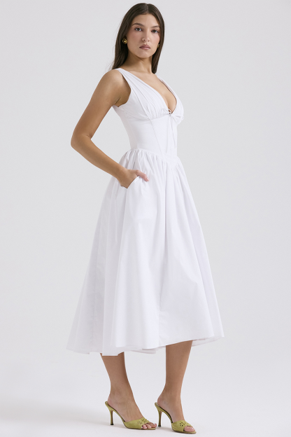 Deep V Neck Cinch Waist Solid Color Midi Tank Dresses-White-Hayhty.All Rights Reserved.