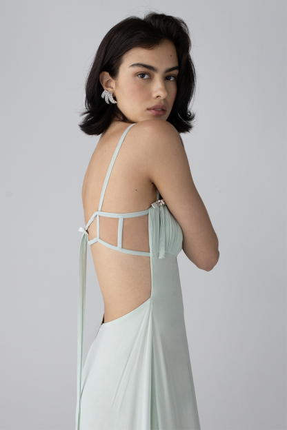 Boat Neckline Tie Up Open Back Slip Maxi Dresses-Green-Hayhty.All Rights Reserved.