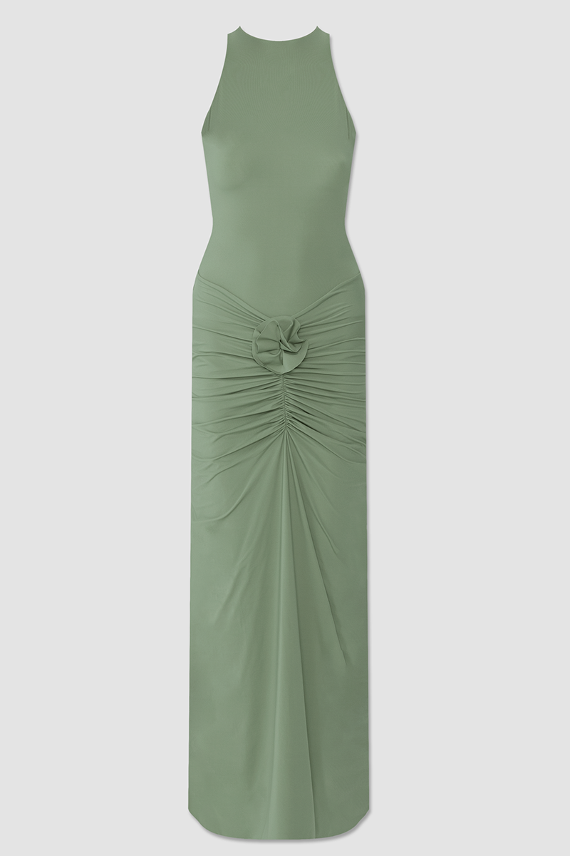 3D Flower Decor Slim Fit Ruched Sleeveless Maxi Dresses-Green-Hayhty.All Rights Reserved.