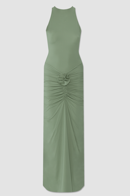3D Flower Decor Slim Fit Ruched Sleeveless Maxi Dresses-Green-Hayhty.All Rights Reserved.