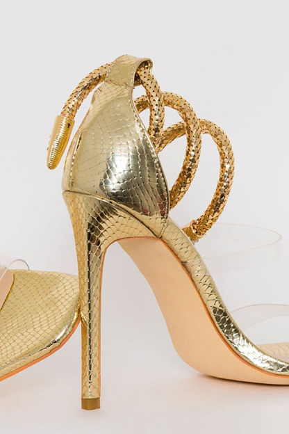 Light Gold Snake Ankle Transparent Strap Stiletto Sandals-Hayhty.All Rights Reserved.