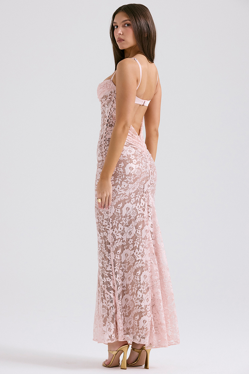 Floral Lace Backless Slim Fit Spaghetti Strap Maxi Dresses-Pink-Hayhty.All Rights Reserved.